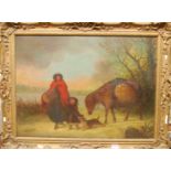 After E.R. Smythe - Travellers with laden donkey in a winter landscape, oil on canvas, bears