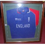 A framed England cricket shirt from the ICC Cricket World Cup held in the West Indies 2007,