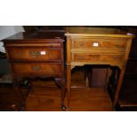 A walnut two drawer bedside table, having upper brushing slide, together with a further yew wood two