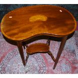 An Edwardian mahogany and satinwood inlaid kidney shaped two-tier occasional table, width 68cm