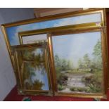 Three various reproduction oil landscapes; together with a gilt framed woodland print (4)