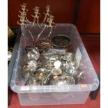 A box of miscellaneous silver plated wares, to include a pair of Victorian Old Sheffield Plate