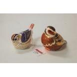 Two Royal Crown Derby desk ornaments, each in the form of a bird, with gold stopper verso