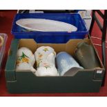 Two boxes of miscellaneous china to include pair of continental porcelain vases each of baluster