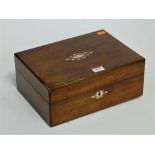 A Victorian rosewood and mother-of-pearl inlaid workbox, the hinged lid revealing a green silk lined