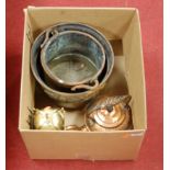 A box of miscellaneous items to include Arts & Crafts copper kettle with wrought iron handle, a