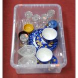 A box of miscellaneous to include oversized teacups and saucers, glass hors d'oeuvre dish, storage