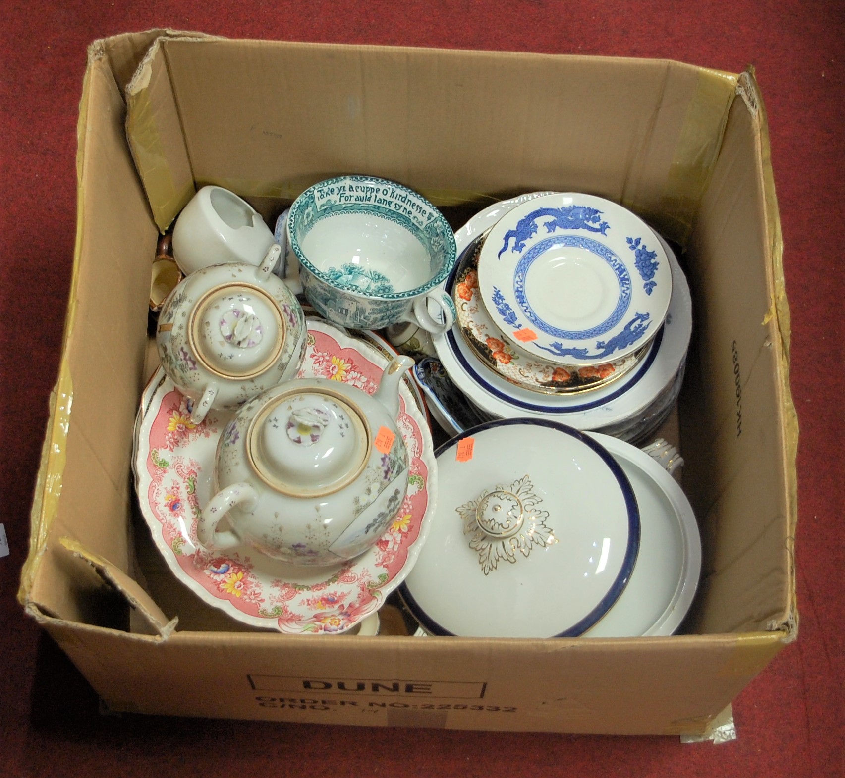 A box of miscellaneous Victorian and later china, to include teapot and cover, tureens etc