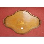 An Edwardian mahogany drinks tray of shaped oval form inlaid in satinwood, pearwood and boxwood with