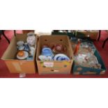Three boxes of miscellaneous china and glass ware to include Royal Doulton part sandwich set in