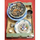 A box of miscellaneous items, to include Spode blue and white bowl, pewter wine funnel, hydra jug