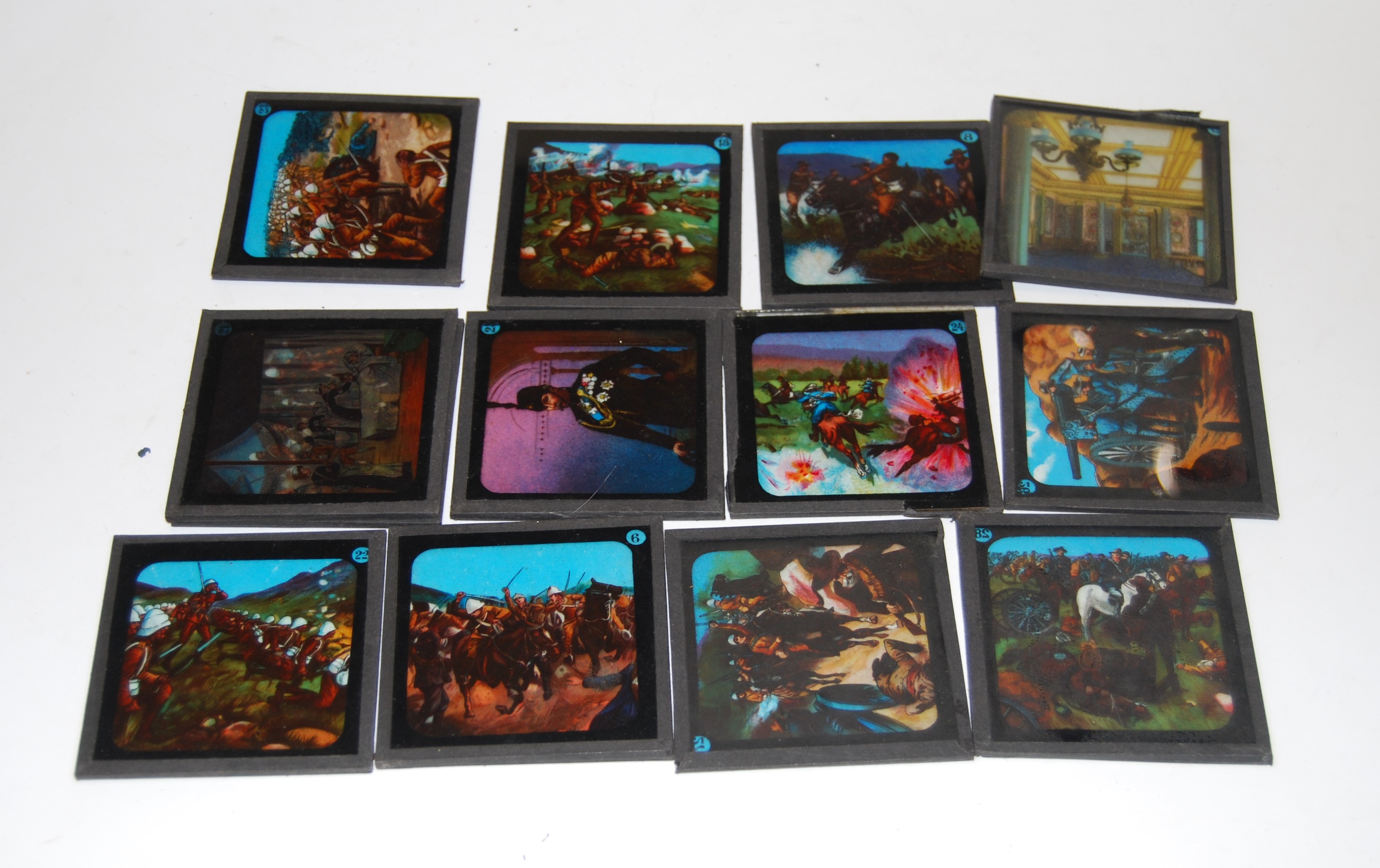 A collection of magic lantern slides, mainly being military scenes