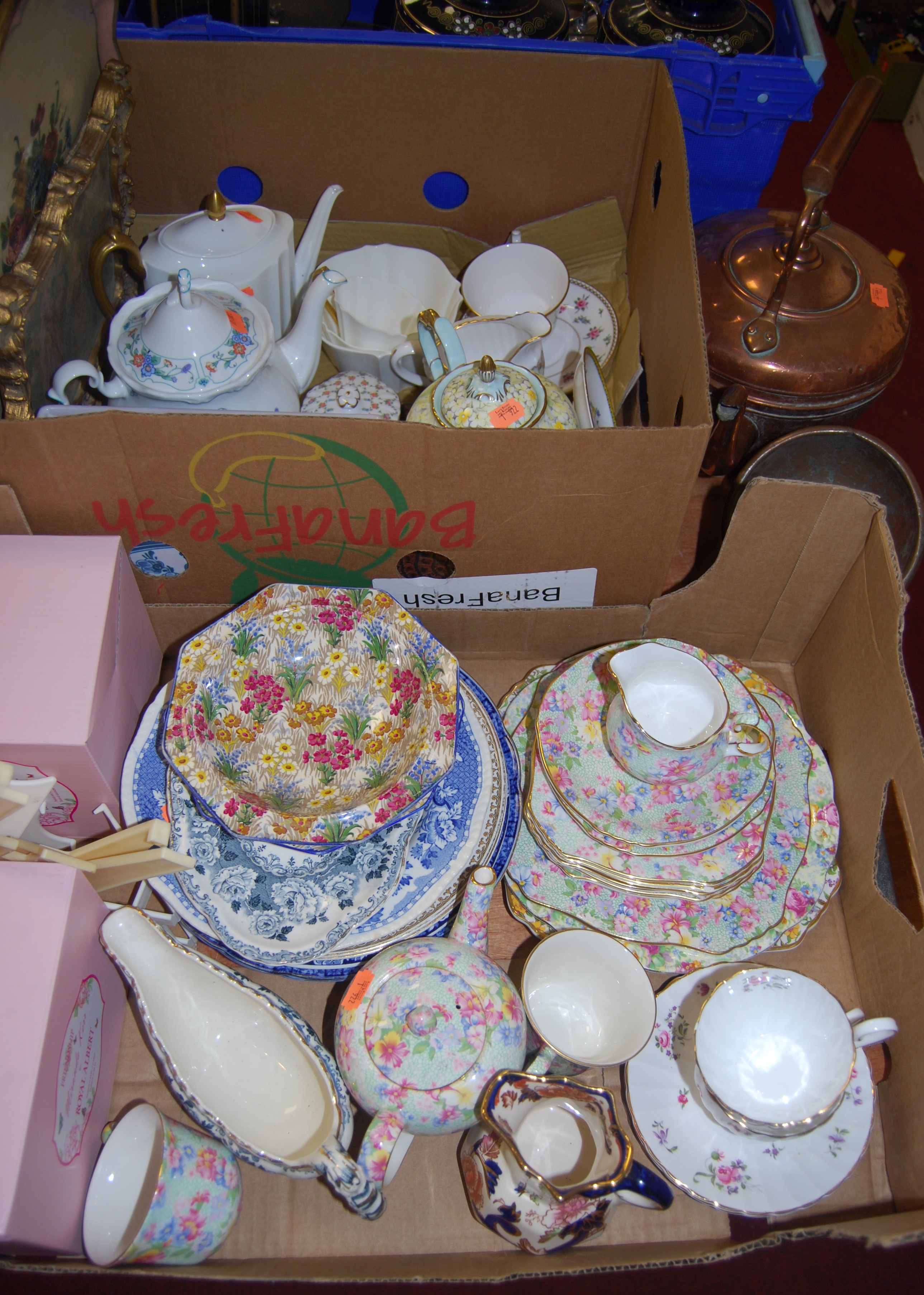 Two boxes of various items to include a Victorian copper kettle, a Royal Winton Marian pattern