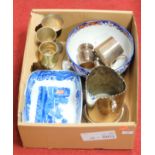 A box of miscellaneous items, to include silver plated wine bottle sleeve, various goblets, Spode
