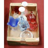 A box of miscellaneous glassware to include cranberry glass jug of melon form, tube line decorated