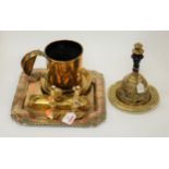 A collection of miscellaneous metal ware to include brass oversized tankard, commemorative brass