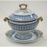 A large Victorian Copeland blue & white soup tureen and cover on stand, transfer decorated with