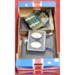 A box of miscellaneous items, to include a Victorian velvet clad easel photograph frame, leather