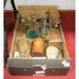 A box of miscellaneous items, to include silver plated candelabra, onyx table lamp etc