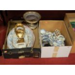 Two boxes of miscellaneous china to include continental porcelain table centrepiece, Victorian