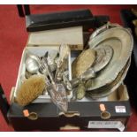 A box of miscellaneous silver plated wares, to include cased fish servers, loose flatware etc