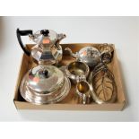 A collection of miscellaneous silver plated wares, to include coffee pot, muffin dish, toast rack