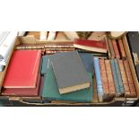 Two boxes of various hard back and leather bound books to include The Merry Men by RL