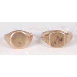 Two 9ct yellow gold signet rings, one oval and one cushion shaped with engraving, gross weight 11.