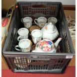 A box of miscellaneous china, to include Minton Haddon Hall pattern mugs