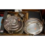 A box of miscellaneous silver plated wares, to include entrée dishes, cased flatware etc