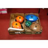 Two boxes of Le Creuset oven wares to include oven dishes, saucepans etc