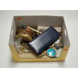 A box of miscellaneous items to include paste set brooch in the form of a tiger, hand mirror, ladies