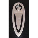 A modern continental silver bookmark advertising Rolex, of oval form3, having typical pierced