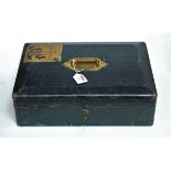 A Victorian blue Moroccan leather clad deed box of shaped rectangular form, the hinged lid with