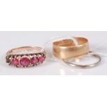 A 9ct yellow gold five-stone red paste set half hoop eternity ring, with one stone deficient, finger