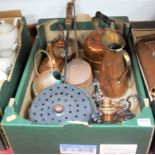 A box of miscellaneous metalware, to include copper jug, copper range kettle, iron chestnut