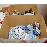 Two boxes of various ceramics, to include a blue and white meat dish in the Etruscan and Greek Vases