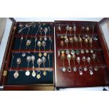 Two wall mounted display cased containing a collection of regional collectors spoons