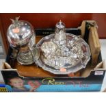 A box of miscellaneous silver plated wares, to include egg coddler, lighthouse sugar sifter, loose