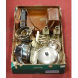 A box of miscellaneous items to include Kodak box brownie camera, silver plated muffin dish, pair of