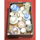 Three boxes of miscellaneous china, to include commemorative beaker, blue and white jar and cover,