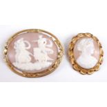 Two yellow metal oval shell cameo brooches, the larger depicting the goddess Diana being pulled on
