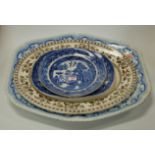 A large Victorian Windsor Festoon opaque china meat plate, blue & white decorated in the Wild Rose
