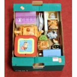 A box of miscellaneous items, to include tinplate Jack-in-the-box by Mattel, Cottageware teapot,