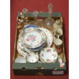 A box of miscellaneous china and glassware to include Aynsley part tea service, decanter and stopper