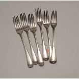 Six various 19th century and later table forks, in the Rat-tail pattern, gross weight 10.8oz