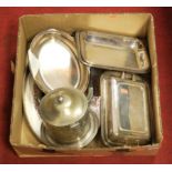 A box of miscellaneous silver plated wares, to include biscuit barrel and cover, entrée dishes,