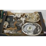 Three boxes miscellaneous silver plated wares, to include entrée dishes, loose flatware etc