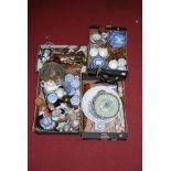 Four boxes containing various items to including brass postal scales, Spode Italian bowl, two