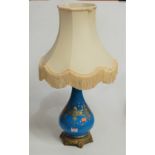 A French style blue glazed and gilt metal mounted table lamp, having applied gilt and enamel